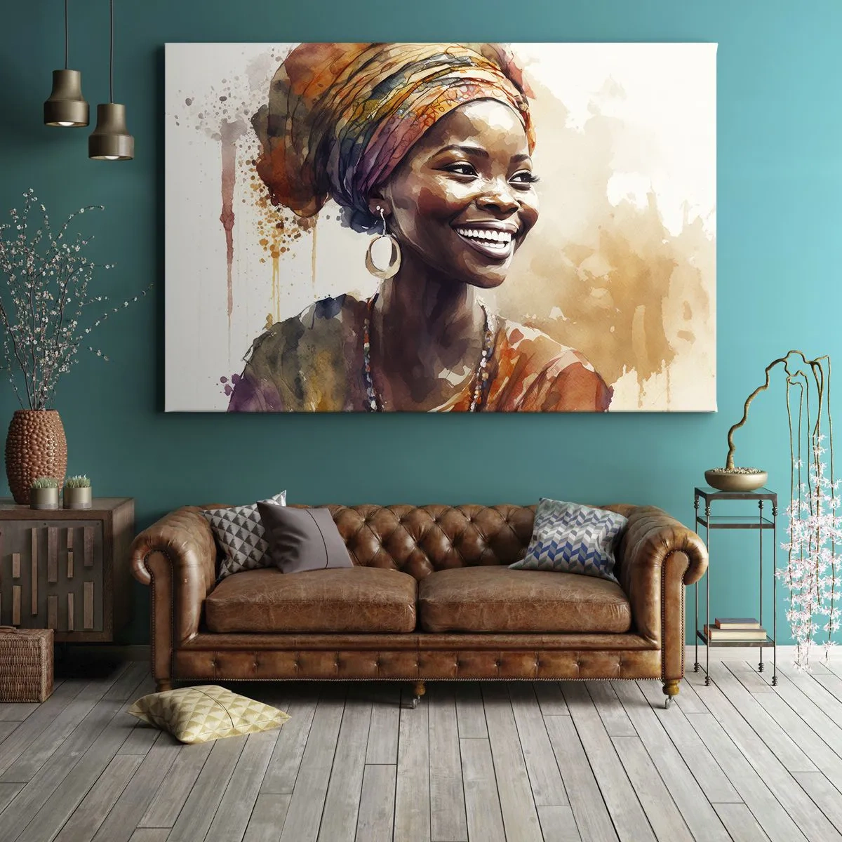 Vászonkép - Portré egy mosolygós nőről színes sálban akvarellben - 70x50cm - Afrikai királynő - Modern fali dekoráció nappalihoz és hálószobához ARTTOR