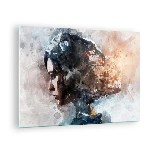 Üveg kép - Egy nő akvarell stílusú profilja, háttérben egy várossal. - 70x50cm - Történet egy lányról, várossal a háttérben - Modern fali dekoráció nappalihoz és hálószobához ARTTOR
