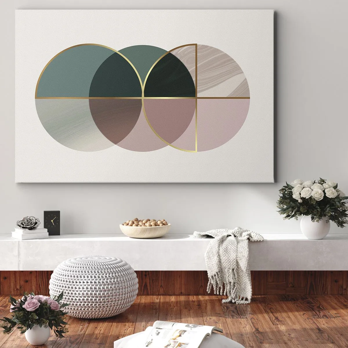 Vászonkép - Geometriai formák és arany vonalak absztrakt kompozíciója. - 70x50cm - Kerékről kerékre... - Modern fali dekoráció nappalihoz és hálószobához ARTTOR