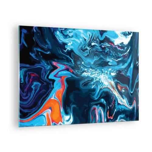 Üveg kép - Egy absztrakt minta kék árnyalatokban, piros és fehér díszítéssel. - 70x50cm - Utazás a mennyország közepébe - Modern fali dekoráció nappalihoz és hálószobához ARTTOR