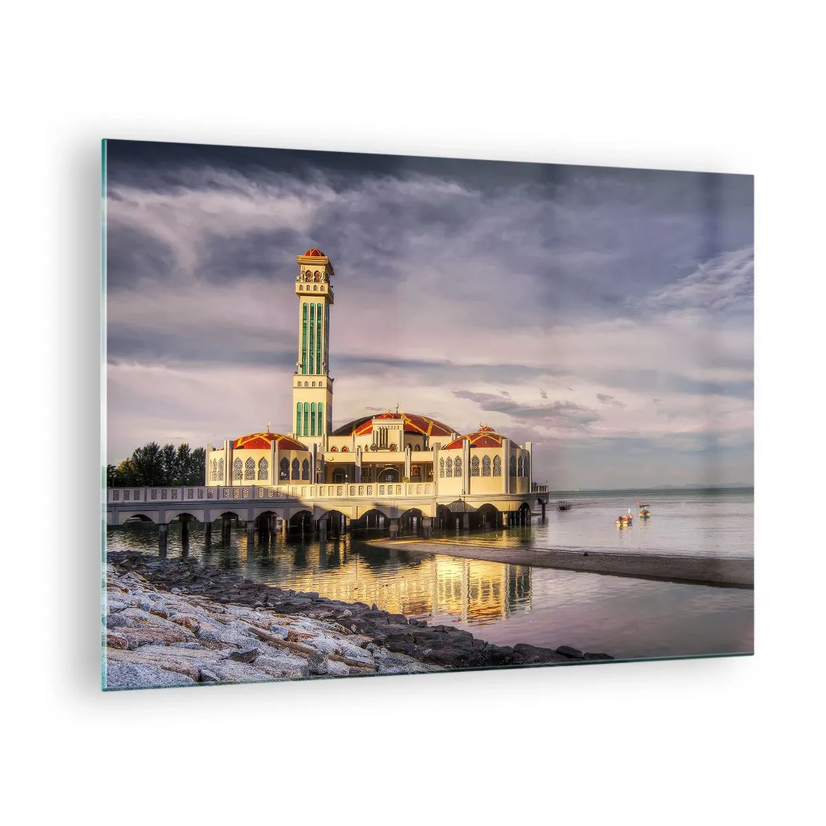 Üveg kép - Mecset a vízen festői fényben - 70x50cm - A természet temploma - Modern fali dekoráció nappalihoz és hálószobához ARTTOR