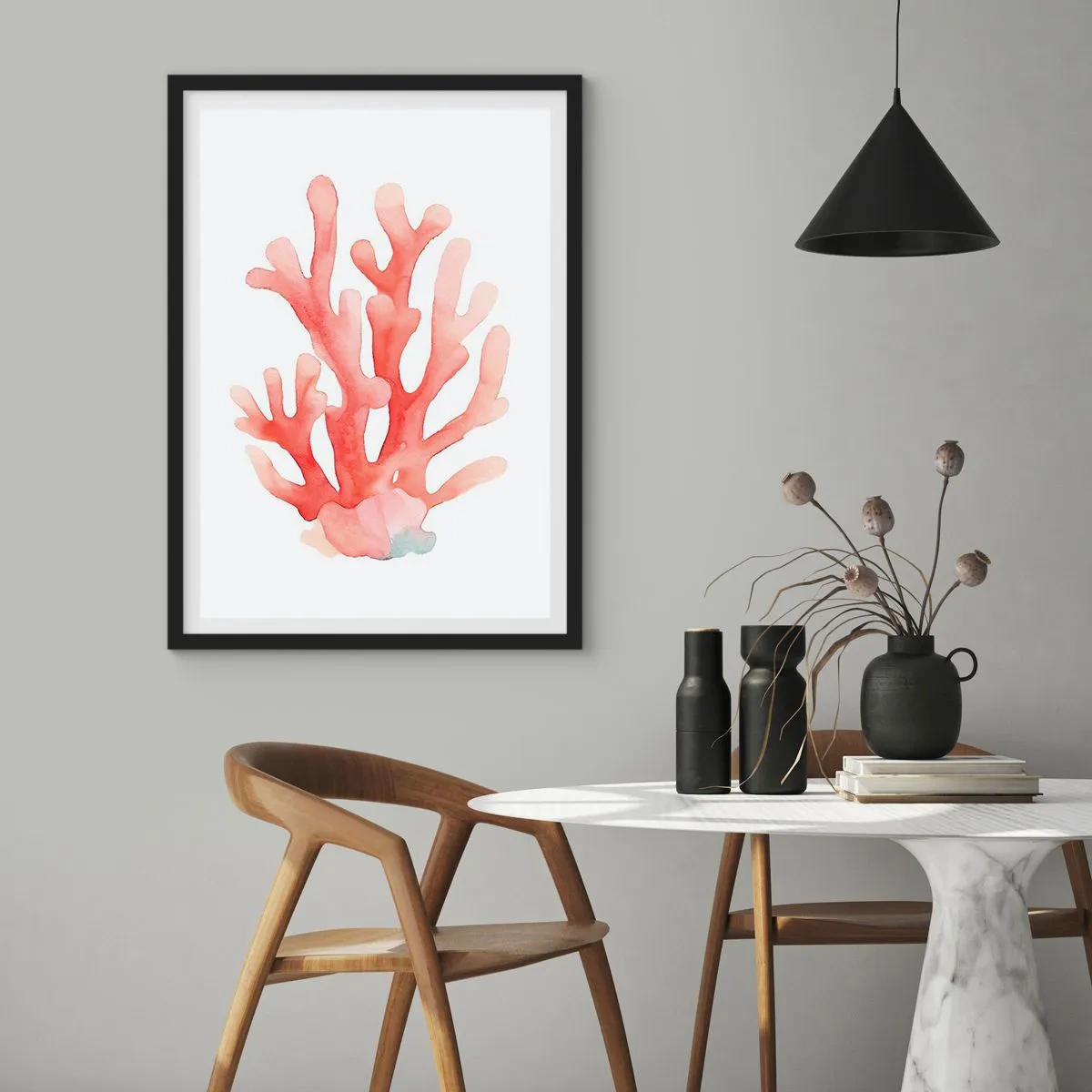 Poszter fehér keretben - Akvarell illusztráció vörös korallról fehér alapon - 50x70cm - A korall színe - Modern fali dekoráció nappalihoz és hálószobához ARTTOR