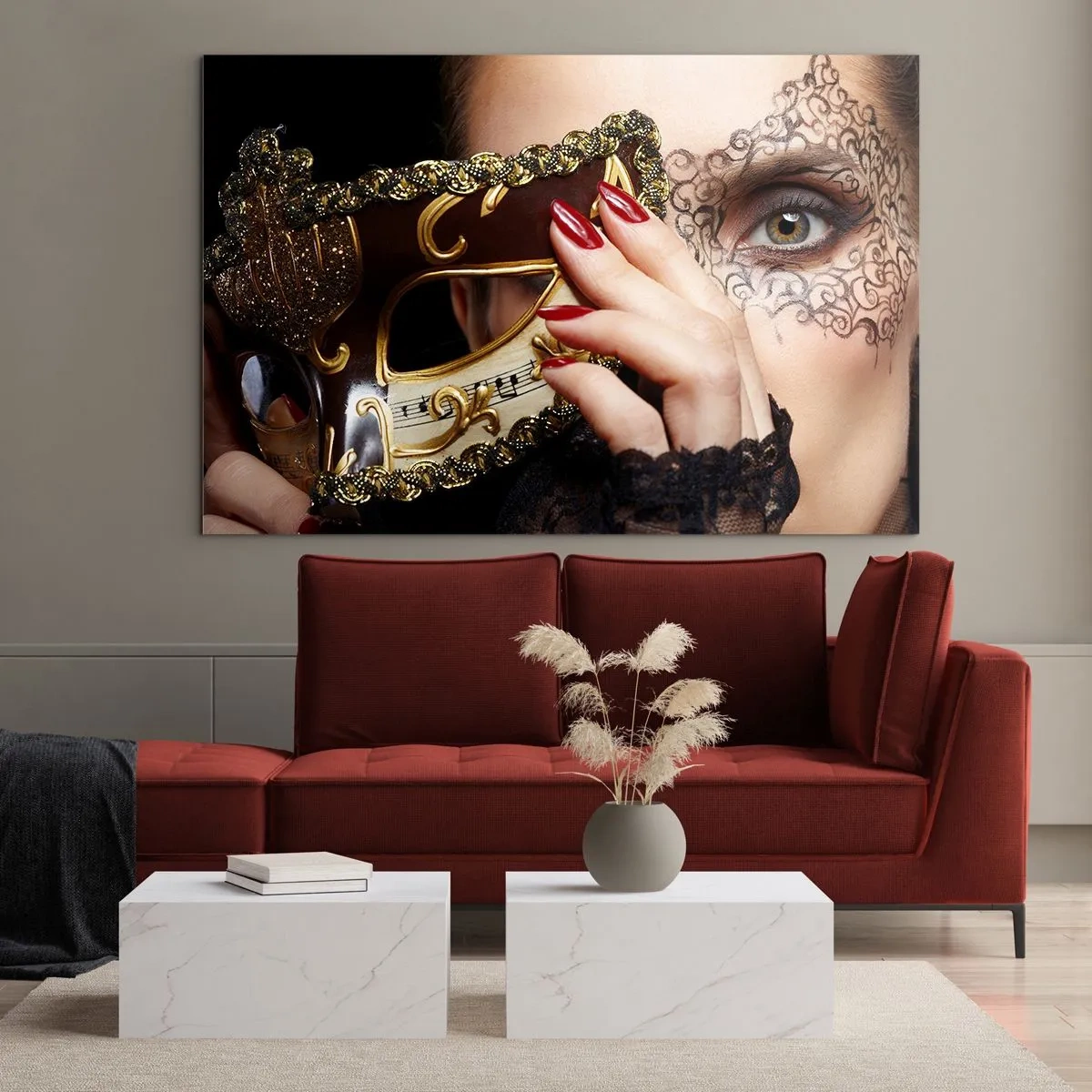 Üveg kép - Egy arany velencei maszk egy nő arcán - 70x50cm - Az én világom barokk - Modern fali dekoráció nappalihoz és hálószobához ARTTOR