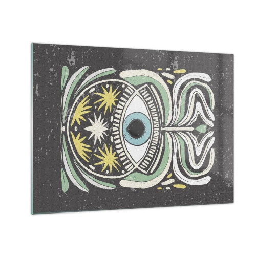 Üveg kép - Grafikus szem törzsi díszítéssel sötét háttér előtt - 70x50cm - Törzsi rituálék - Modern fali dekoráció nappalihoz és hálószobához ARTTOR