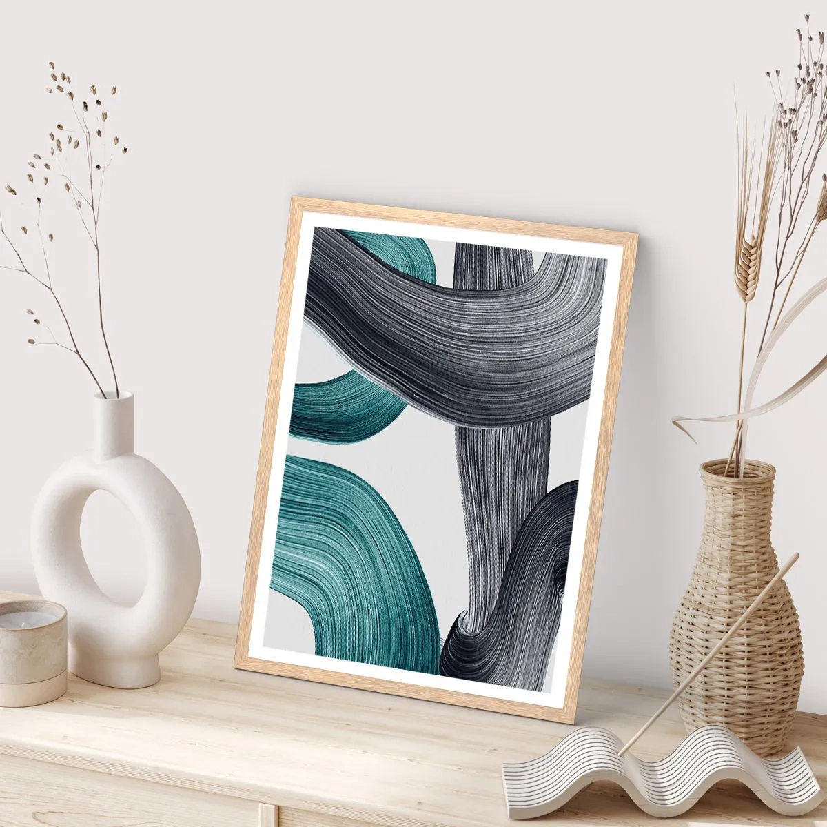 Poszter világos tölgy keretben - Smaragdzöld és fekete nyomok - 70x100 cm