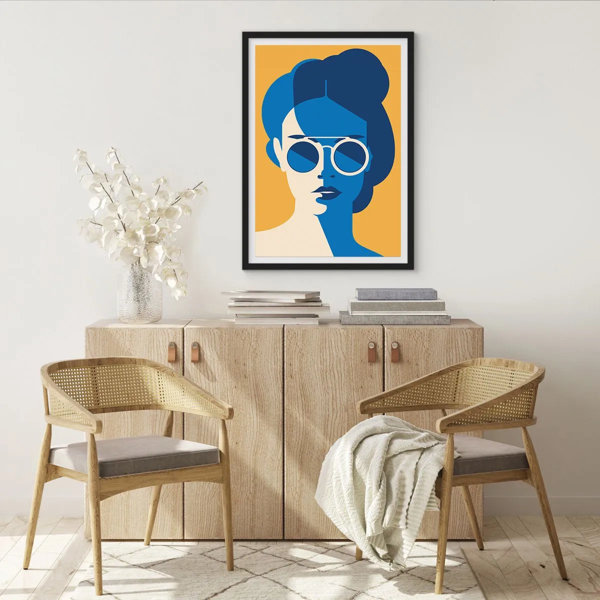 Poszter fehér keretben - Napszemüveget viselő nő absztrakt portréja - 50x70cm - Nyári look - Modern fali dekoráció nappalihoz és hálószobához ARTTOR