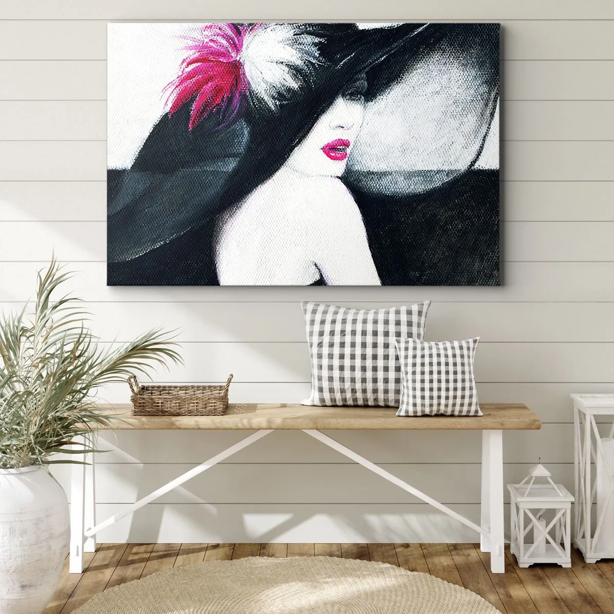 Vászonkép - Stílusos nő tollas kalapban - 70x50cm - Mindig titok - Modern fali dekoráció nappalihoz és hálószobához ARTTOR