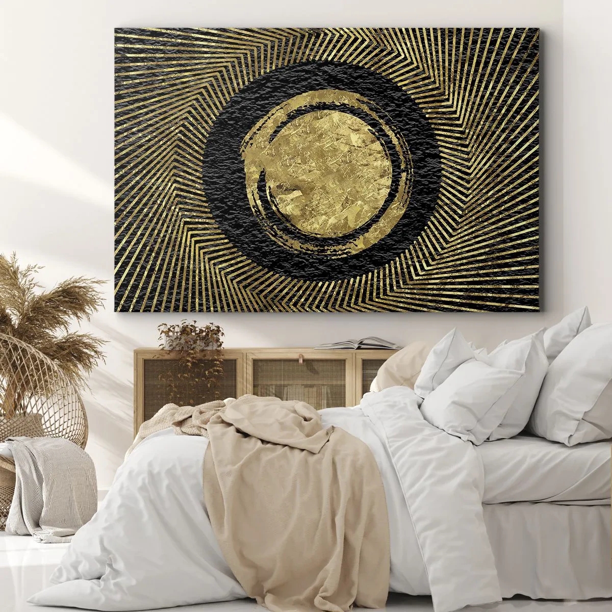 Vászonkép - Geometrikus kompozíció fekete és arany színben sugarakkal - 70x50cm - Glamour kompozíció - Modern fali dekoráció nappalihoz és hálószobához ARTTOR