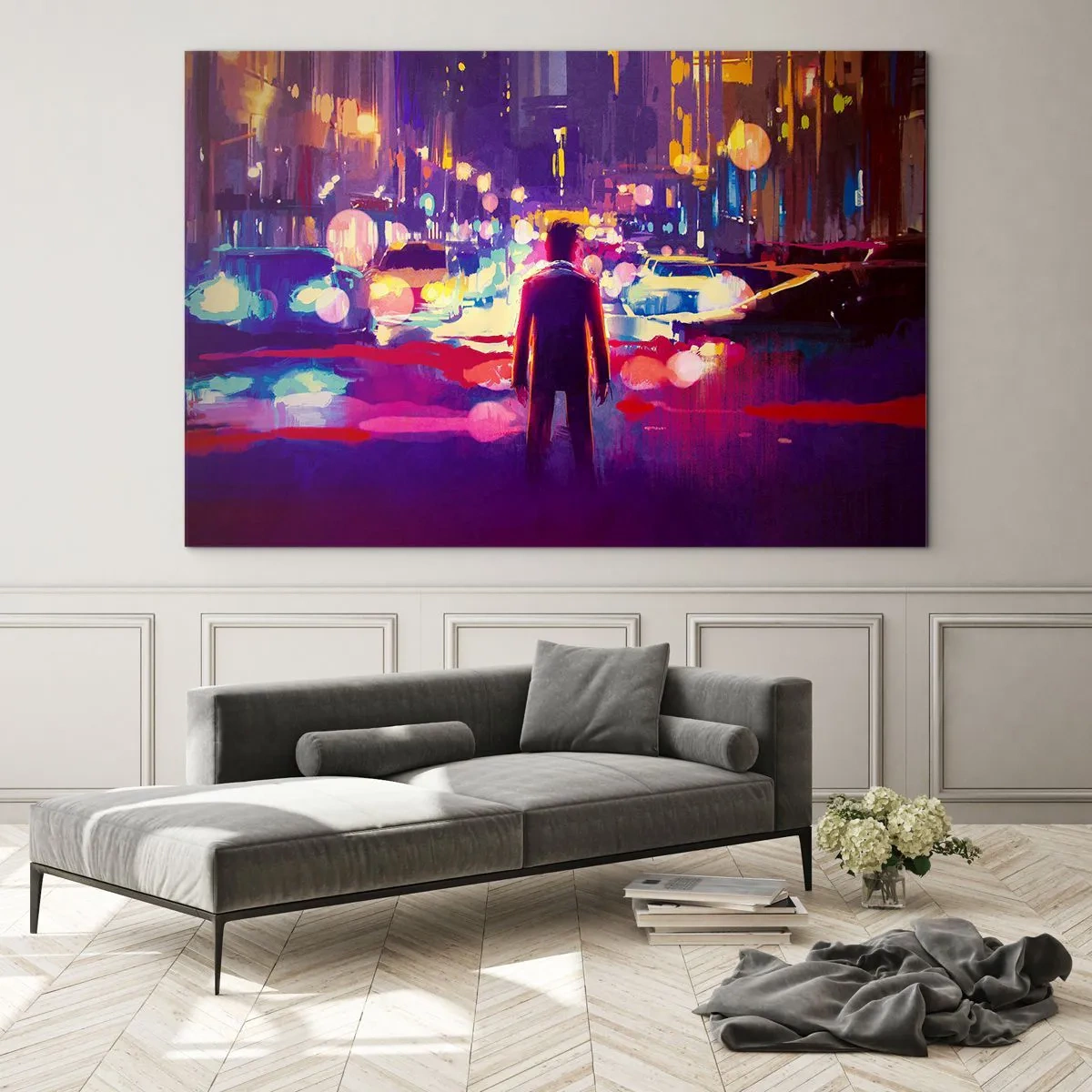 Üveg kép - Egy alak egy színes, futurisztikus stílusú városi éjszakai fényben - 70x50cm - Elmerülve a fényben - Modern fali dekoráció nappalihoz és hálószobához ARTTOR