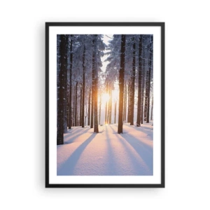 Poszter fehér keretben - Téli erdő, a fák között átsütő napsugarakkal - 50x70cm - Egyértelműen fekete-fehéren - Modern fali dekoráció nappalihoz és hálószobához ARTTOR