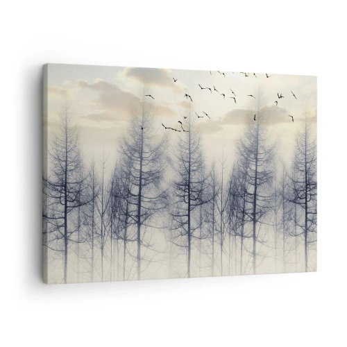 Vászonkép - Ködös erdő madarakkal a naplemente égbolton - 70x50cm - Erdei szellemek - Modern fali dekoráció nappalihoz és hálószobához ARTTOR
