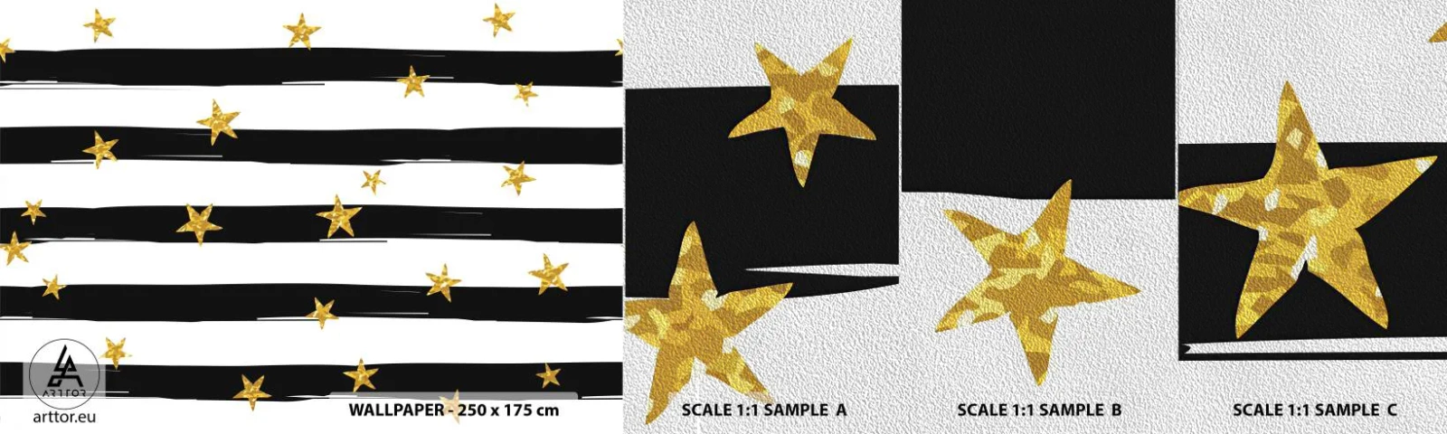 Fotótapéta Minta Premium Sand - Mindannyian szerencsés csillag alatt születtünk - Grafika, Arany csillag, Fekete-fehér csíkok - 100x30 cm