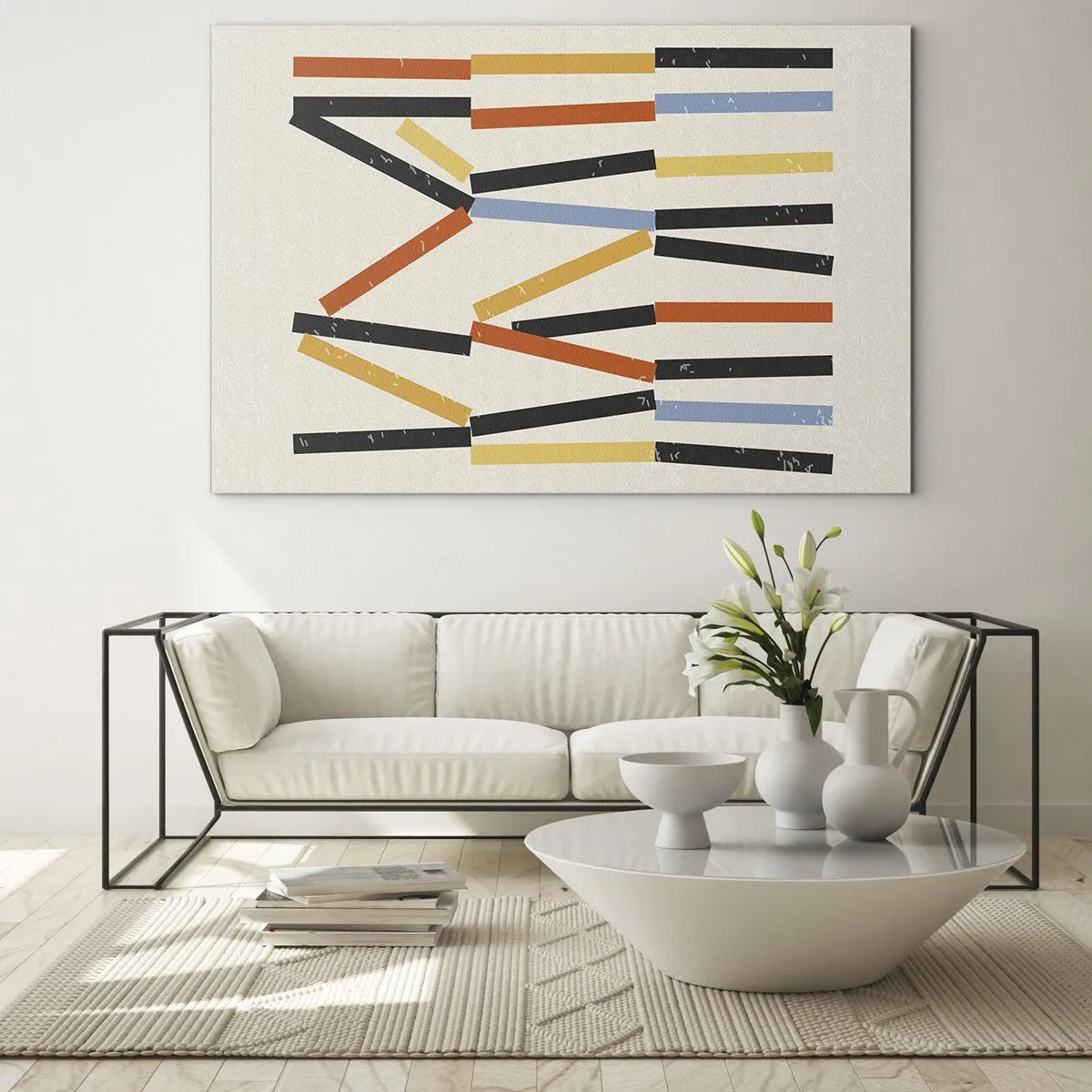 Üveg kép - Vízszintes és átlós csíkok színes absztrakciója világos háttéren - 70x50cm - Vízszintes kompozíció - Modern fali dekoráció nappalihoz és hálószobához ARTTOR