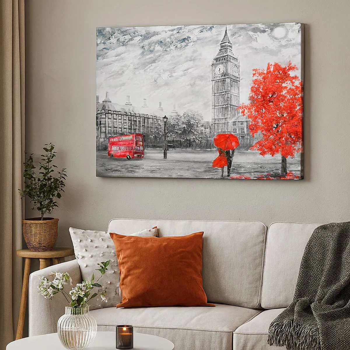 Vászonkép - London ikonikus látképe Big Bennel, egy piros busszal és egy esernyővel - 70x50cm - Izgalmas nap - Modern fali dekoráció nappalihoz és hálószobához ARTTOR