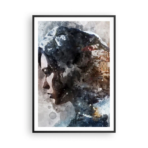 Poszter fehér keretben - Történet egy lányról, várossal a háttérben - 70x100 cm