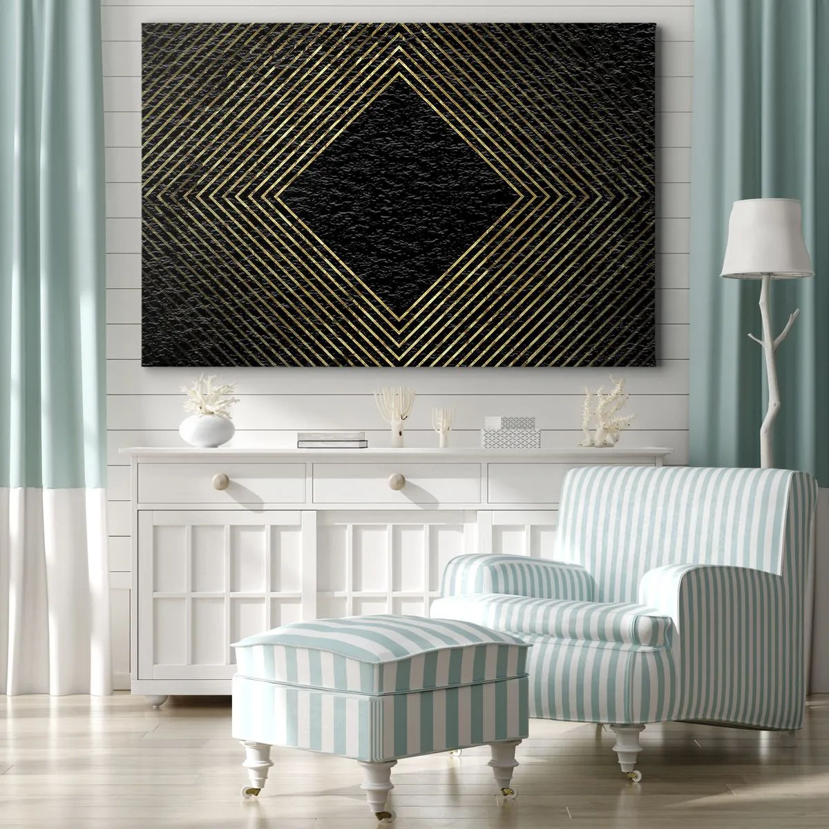 Vászonkép - Fekete háttér arany vonalak geometrikus mintájával - 70x50cm - Geometria glamour stílusban - Modern fali dekoráció nappalihoz és hálószobához ARTTOR
