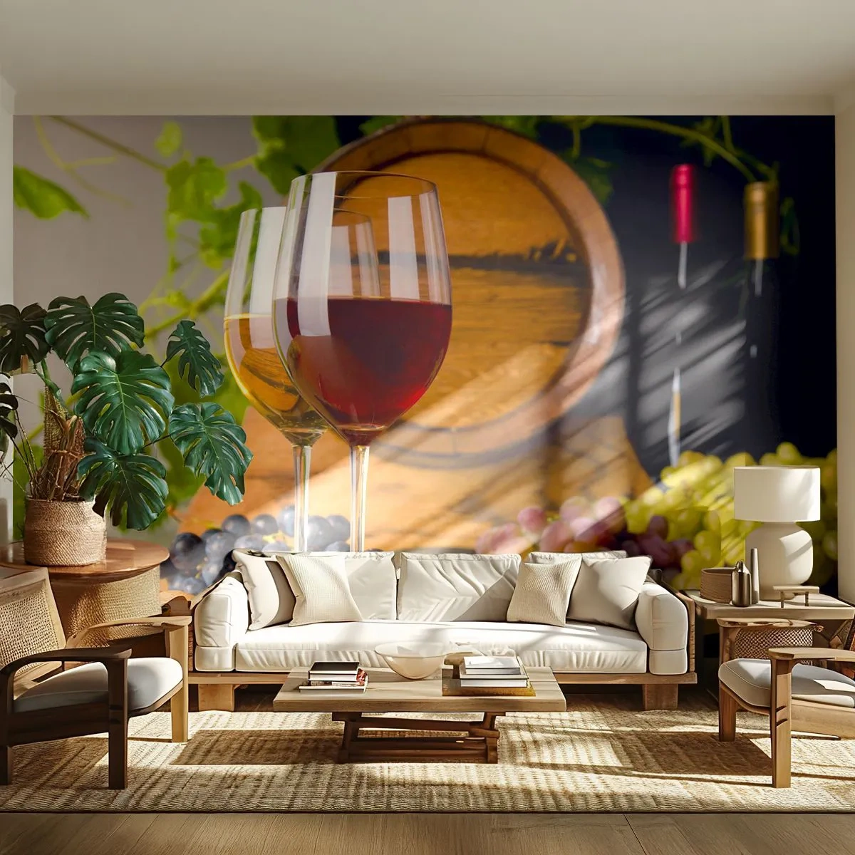 Fotótapéta Premium Canvas - Mint a régi mesterek - Boros hordó, Szőlő, Egy pohár bor - 250x175 cm