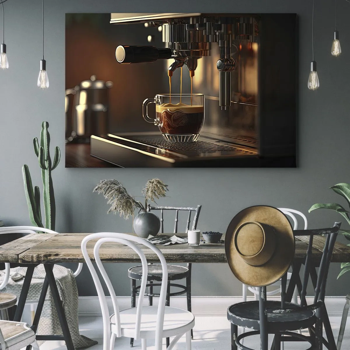 Vászonkép - Kávéfőző egy csésze aromás eszpresszóval - 70x50cm - Egy érzéki főzet - Modern fali dekoráció nappalihoz és hálószobához ARTTOR