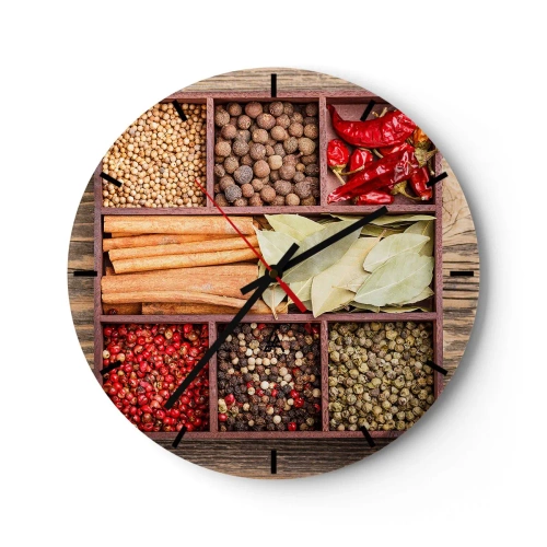 Falióra, Óra - Fűszerek fa rekeszekben - 30x30cm - Formarend, aromacsokor - Modern fali dekoráció nappalihoz, konyhához és hálószobához ARTTOR