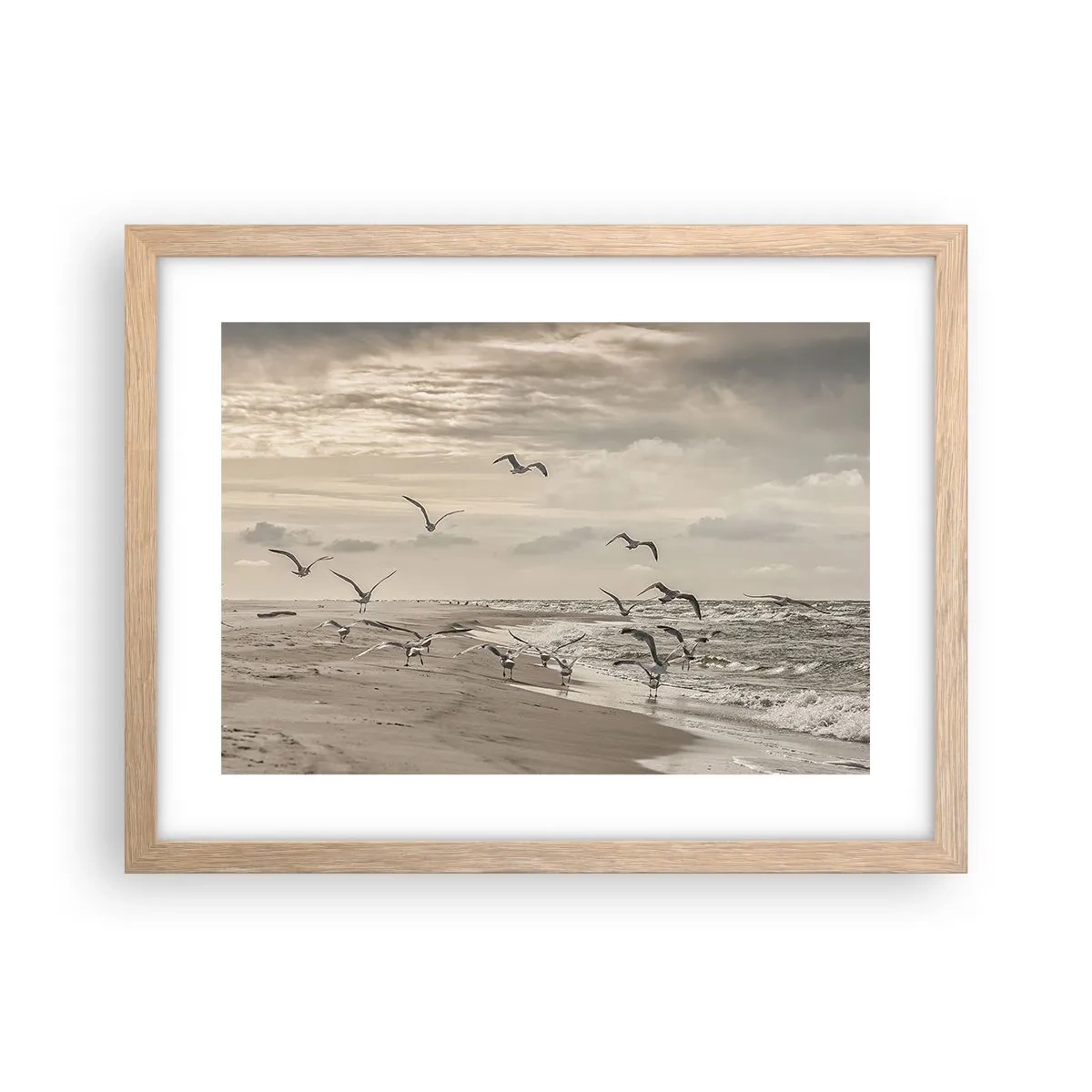 Poszter világos tölgy keretben - A tenger hangja, a madarak éneke - 40x30 cm