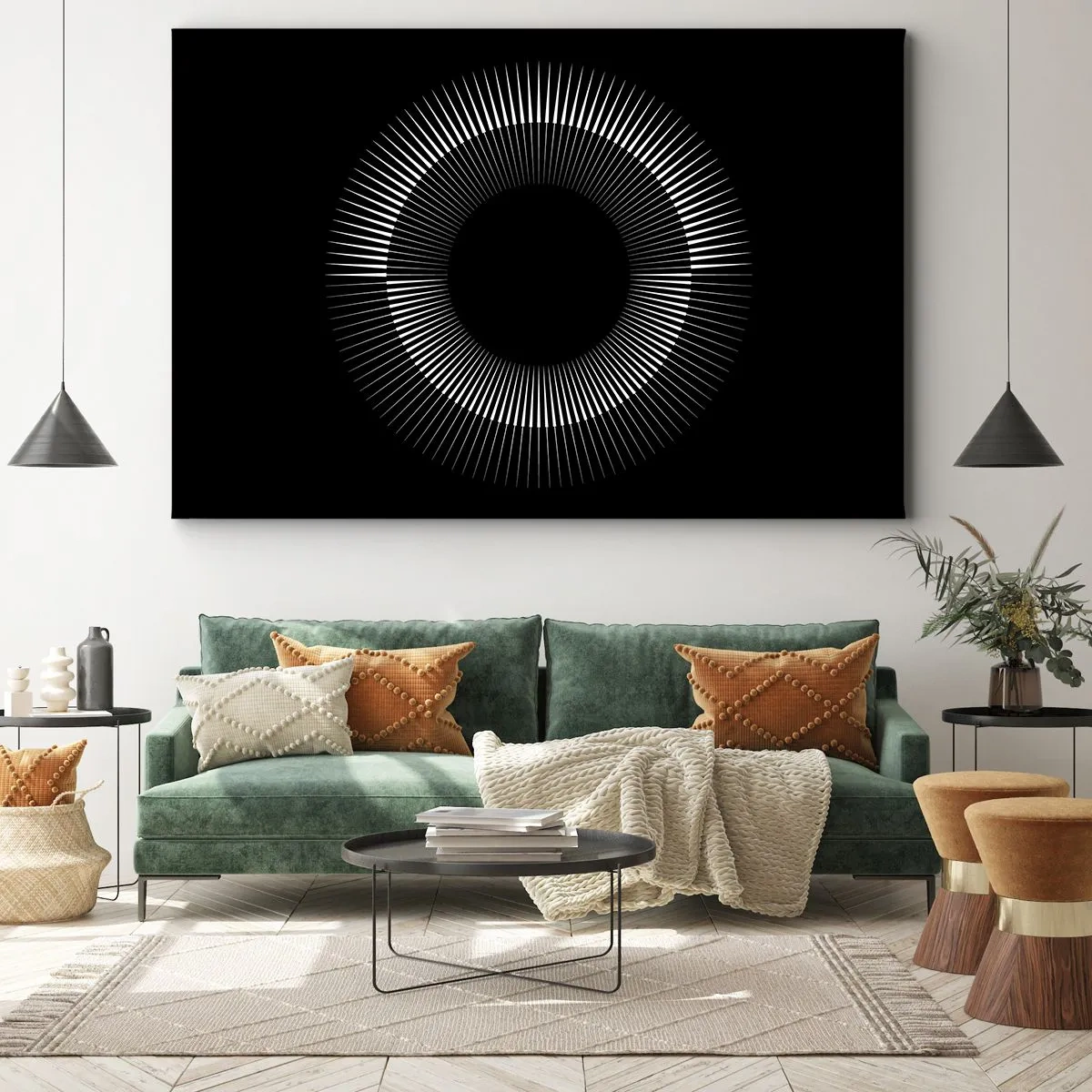 Vászonkép - Grafikus kör fekete-fehér sugarakkal - 70x50cm - Fekete Nap - Modern fali dekoráció nappalihoz és hálószobához ARTTOR