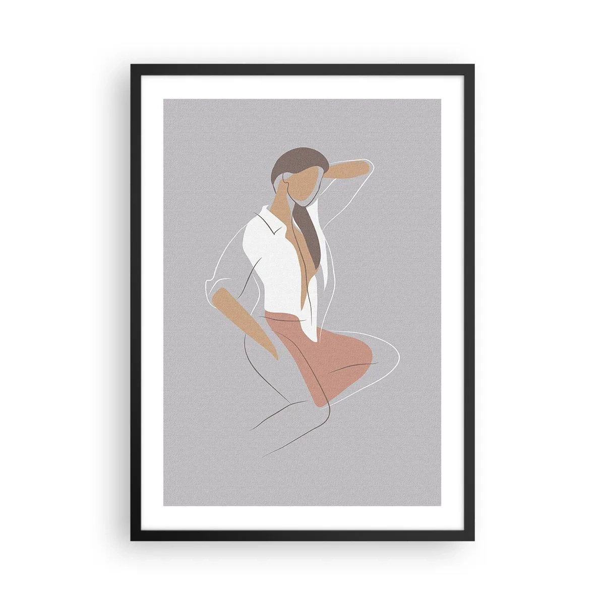 Poszter fehér keretben - Egy minimalista nő sziluettje szürke háttéren - 50x70cm - Kecsesség kontúrja - Modern fali dekoráció nappalihoz és hálószobához ARTTOR