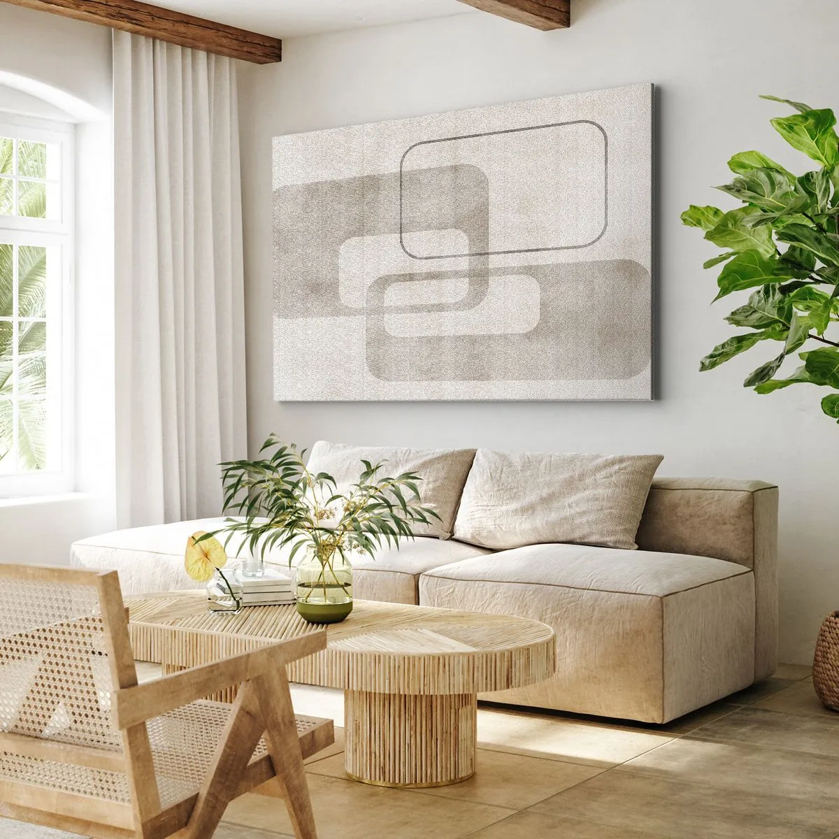 Vászonkép - Minimalista kompozíció bézs árnyalatú téglalapokkal finom háttér előtt. - 70x50cm - Geometrikus fúga - Modern fali dekoráció nappalihoz és hálószobához ARTTOR