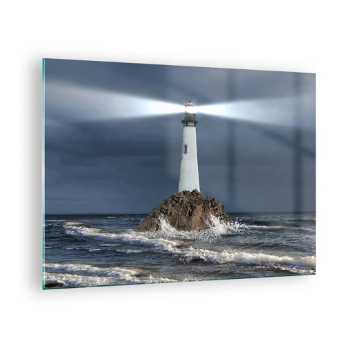 Üveg kép - Egy világítótorony egy sziklán az éjszakai durva hullámok közepette - 70x50cm - Ide…ide…itt! - Modern fali dekoráció nappalihoz és hálószobához ARTTOR