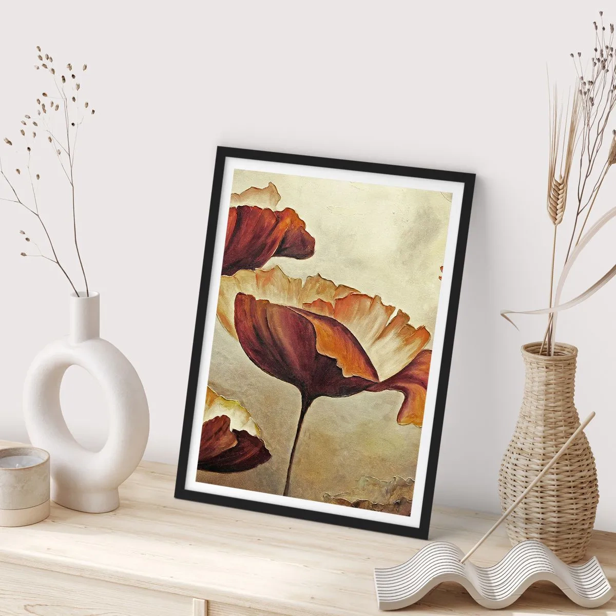 Poszter fehér keretben - Meleg árnyalatú pipacsok képe - 50x70cm - Rét - Modern fali dekoráció nappalihoz és hálószobához ARTTOR