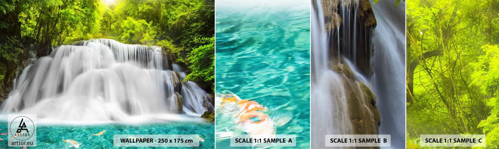 Fotótapéta Minta Öntapadós Deluxe Sticker - Habzó zuhatag zöldtől azúrig - Tájkép, Vízesés, Nemzeti Park - 100x30 cm