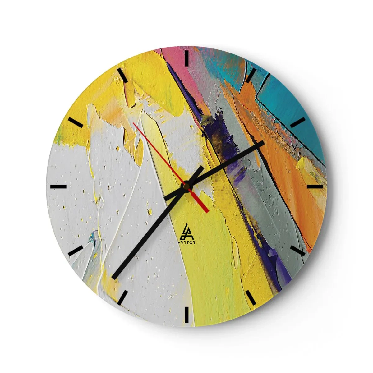 Falióra, Óra - Színes absztrakció, túlnyomórészt sárga, fehér és kék színekkel - 30x30cm - A fény anatómiája - Modern fali dekoráció nappalihoz, konyhához és hálószobához ARTTOR