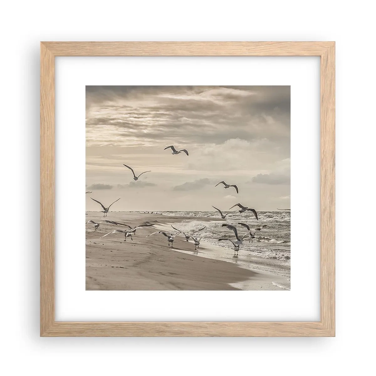 Poszter világos tölgy keretben - A tenger hangja, a madarak éneke - 30x30 cm