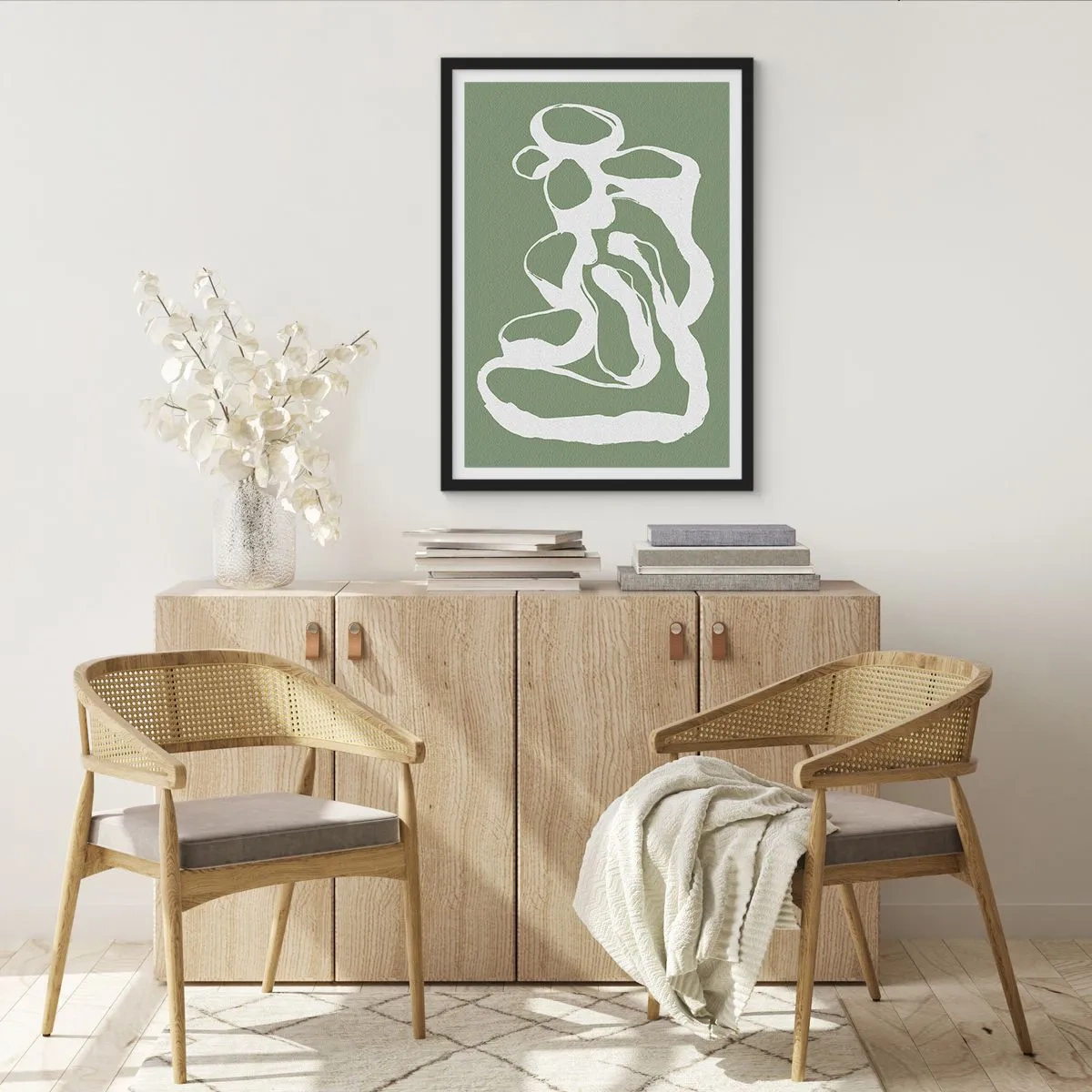 Poszter fehér keretben - Absztrakt fehér kompozíció zöld háttéren - 50x70cm - A tér hívása - Modern fali dekoráció nappalihoz és hálószobához ARTTOR