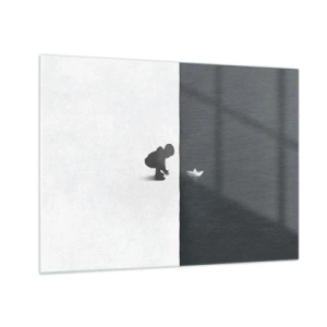 Üveg kép - Egy gyermek sziluettje papírhajót indít a vízbe - 70x50cm - Nagy utazás - Modern fali dekoráció nappalihoz és hálószobához ARTTOR