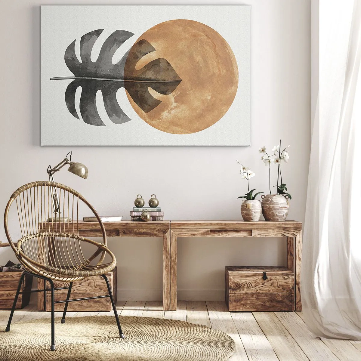 Vászonkép - Monstera levél és arany kör világos háttér előtt - 70x50cm - Mindig a nap - Modern fali dekoráció nappalihoz és hálószobához ARTTOR