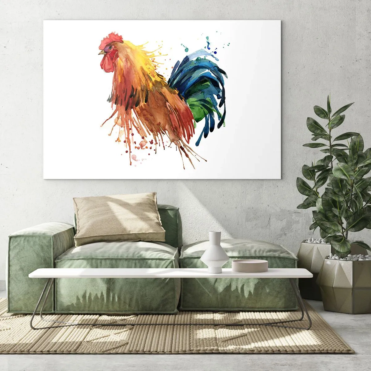 Üveg kép - Akvarell kakas élénk színekben, fehér alapon - 70x50cm - Királyi ruha, királyi büszkeség - Modern fali dekoráció nappalihoz és hálószobához ARTTOR