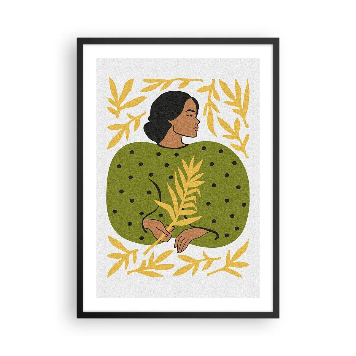 Poszter fehér keretben - Portré egy zöld ruhás nőről, sárga levéllel, finom mintával - 50x70cm - Hawaii lány - Modern fali dekoráció nappalihoz és hálószobához ARTTOR