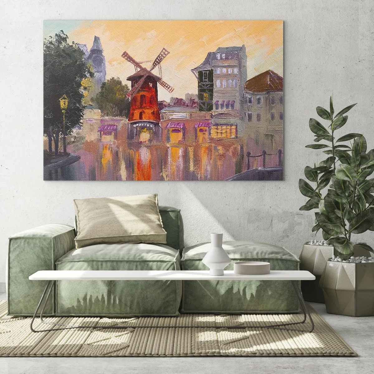 Üveg kép - A Moulin Rouge vörös szélmalma párizsi bérházak között - 70x50cm - Párizsi ikonok - Moulin Rouge - Modern fali dekoráció nappalihoz és hálószobához ARTTOR