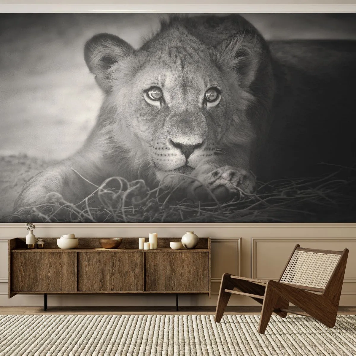 Fotótapéta Standard Eco - Királyi kölyök - Állatok, Oroszlán, Fekete és fehér - 350x256 cm