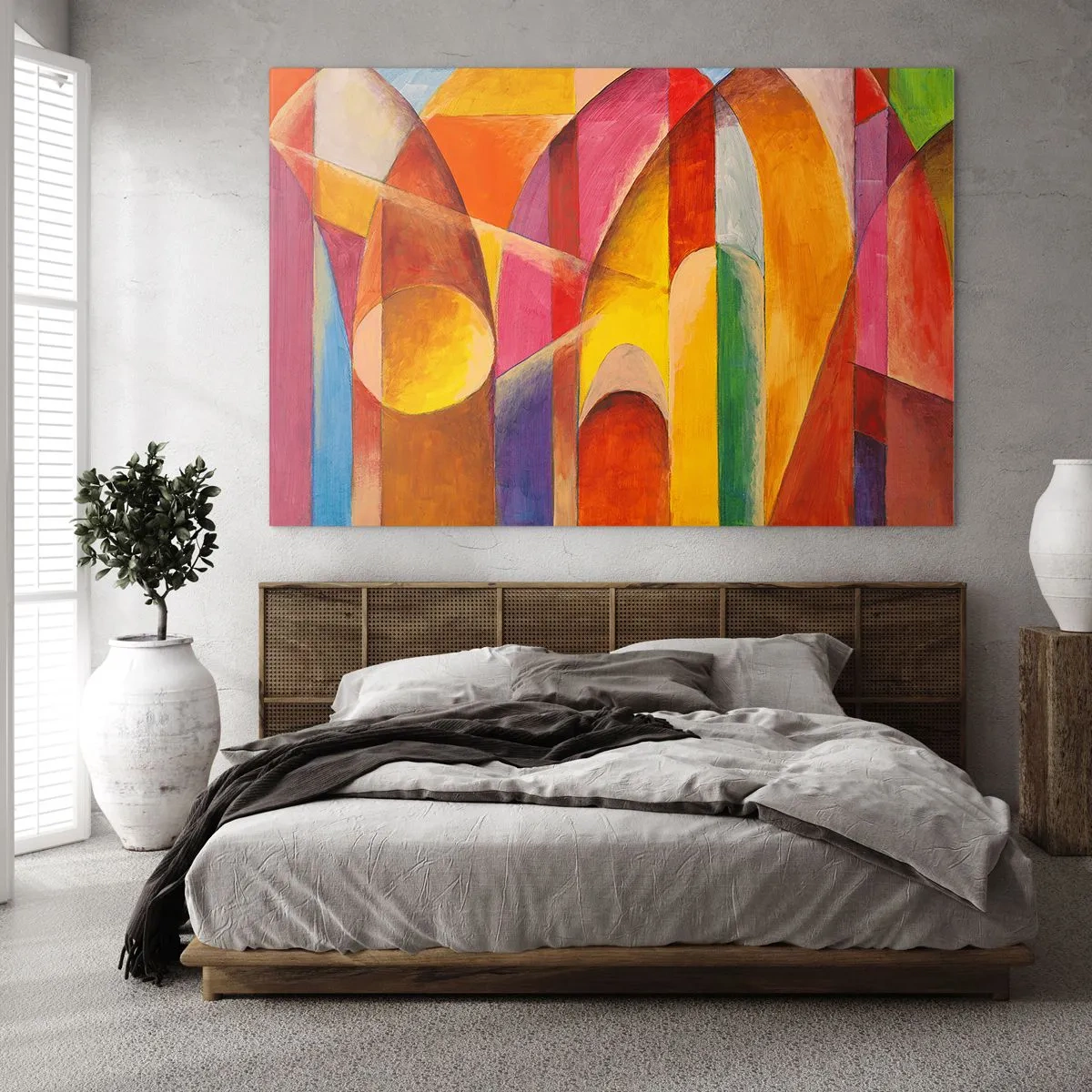Üveg kép - Színes absztrakció geometriai alakzatokkal - 70x50cm - A nap katedrálisa - Modern fali dekoráció nappalihoz és hálószobához ARTTOR