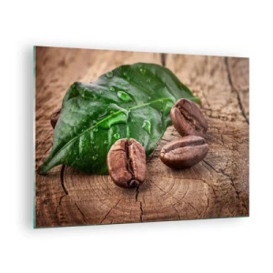 Üveg kép - Kávébabok levélen és fa háttéren - 70x50cm - A legigazibb és fekete - Modern fali dekoráció nappalihoz és hálószobához ARTTOR