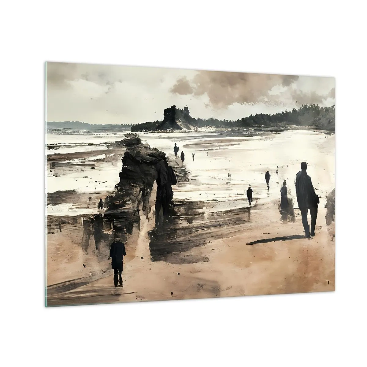 Üveg kép - Sziluettek sétálnak egy széles tengerparton felhős ég alatt - 70x50cm - Megidézett - Modern fali dekoráció nappalihoz és hálószobához ARTTOR