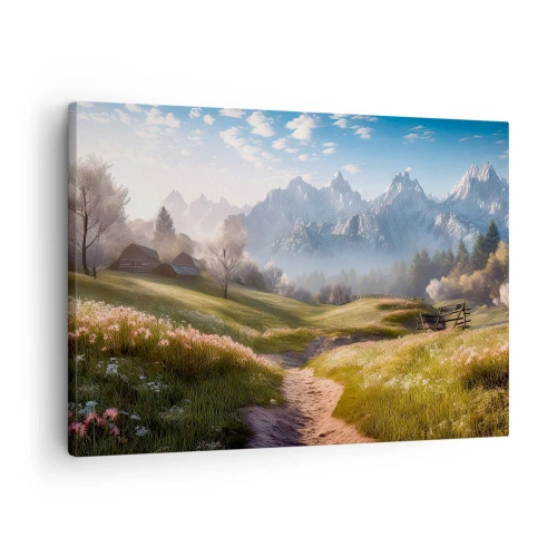 Vászonkép - Hegyi völgy rétekkel, kunyhókkal és kilátással a csúcsokra - 70x50cm - Idilli völgy - Modern fali dekoráció nappalihoz és hálószobához ARTTOR