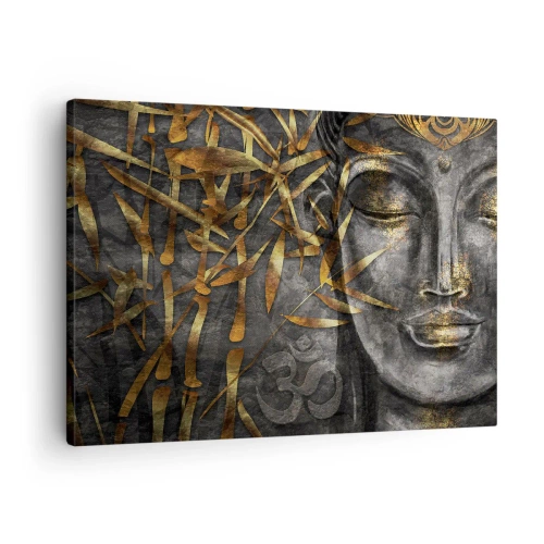 Vászonkép - Zen Buddha kép arany bambuszokkal - 70x50cm - Érezd a nyugalmat - Modern fali dekoráció nappalihoz és hálószobához ARTTOR