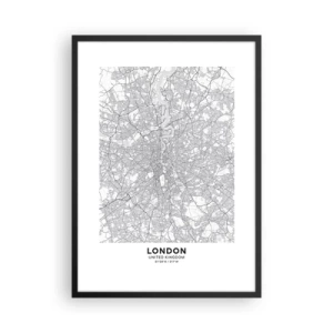 Poszter fehér keretben - London fekete-fehér térképe pontos utcaadatokkal - 50x70cm - A londoni labirintus térképe - Modern fali dekoráció nappalihoz és hálószobához ARTTOR