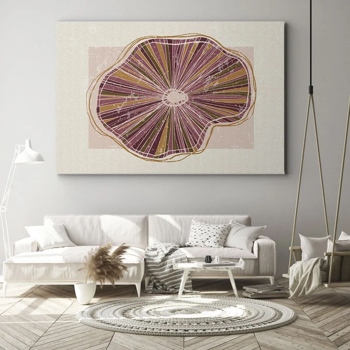 Vászonkép - Absztrakt fa szelet minta rózsaszín árnyalatokban - 70x50cm - Sugárzó absztrakció - Modern fali dekoráció nappalihoz és hálószobához ARTTOR
