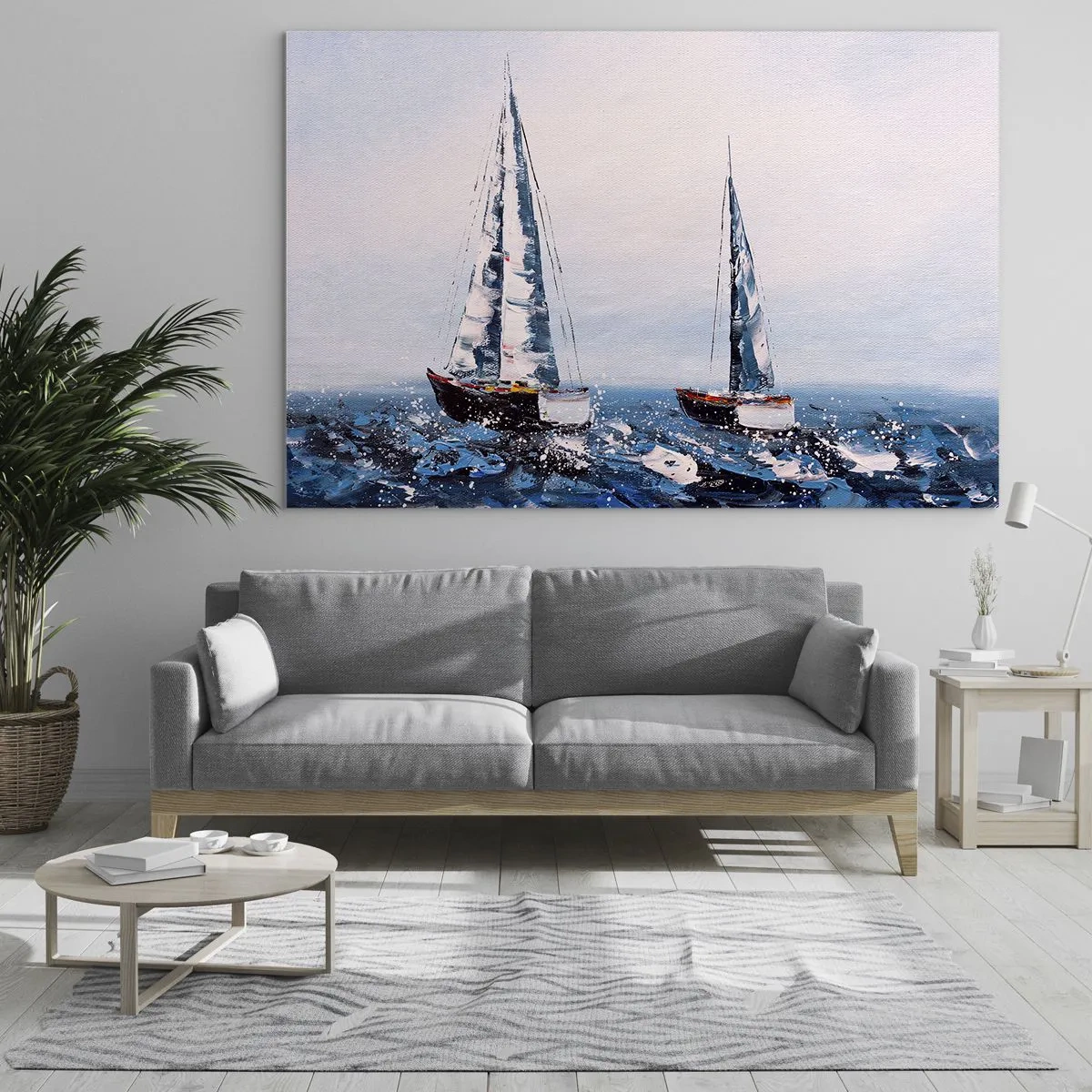Üveg kép - Két jacht viharos tengeren impresszionista festői stílusban. - 70x50cm - A szél testvérisége - Modern fali dekoráció nappalihoz és hálószobához ARTTOR