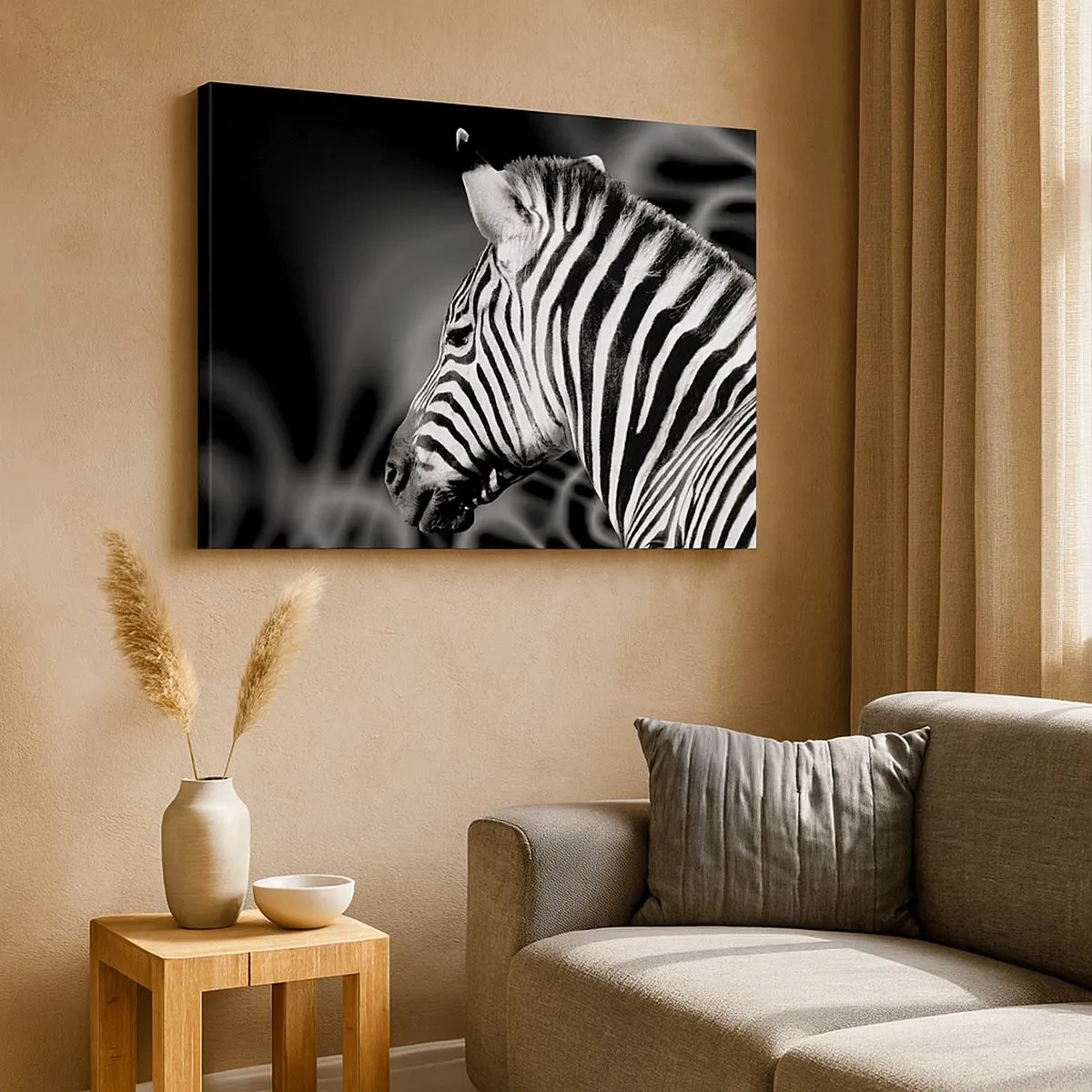 Vászonkép - Zebra fekete-fehér portréja absztrakt mintázatú háttér előtt. - 70x50cm - A fehér fehér, a fekete pedig fekete - Modern fali dekoráció nappalihoz és hálószobához ARTTOR