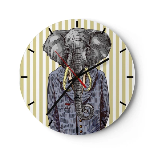 Falióra, Óra - Egy elegáns rajz egy öltönyös elefántról függőleges csíkos háttér előtt. - 30x30cm - Természeténél fogva elegáns - Modern fali dekoráció nappalihoz, konyhához és hálószobához ARTTOR