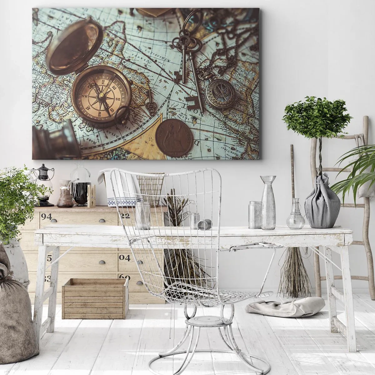Vászonkép - Kompozíció iránytűvel, kulcsokkal és egy régi térképpel retró stílusban - 70x50cm - A kalandvágynak - Modern fali dekoráció nappalihoz és hálószobához ARTTOR